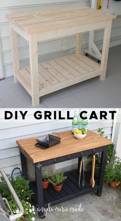 the diy grill cart is made from an old table and has been turned into a kitchen island