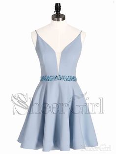 Spaghetti Strap V Neck Light Blue Homecoming Dresses with Rhinestone ARD1605-SheerGirl Light Blue Homecoming Dresses, Short Formal Dress, Blue Homecoming Dresses, Semi Formal Dress, As Pictures, Short Homecoming Dress, Short Prom Dress, Color Number, Prom Dresses Blue