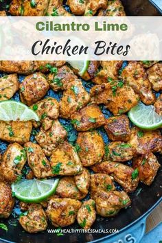 chicken bites in a skillet with limes and cilantro on the side