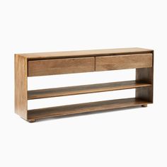 a wooden shelf with two drawers on one side and an open drawer on the other