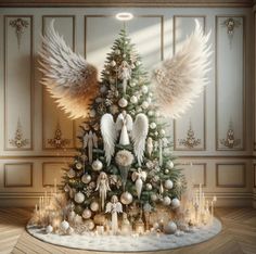 a christmas tree decorated with angel wings and ornaments