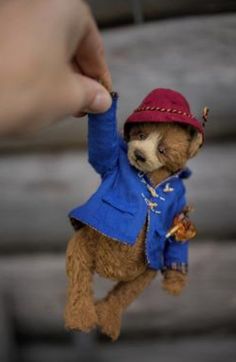 a teddy bear wearing a blue jacket and red hat is being held by someone's hand