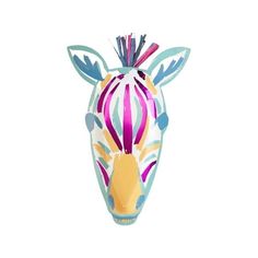 a colorful giraffe head is shown on a white background with blue, pink and yellow stripes