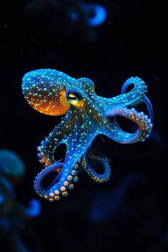 an octopus is glowing blue and orange in the dark water, with bubbles around it