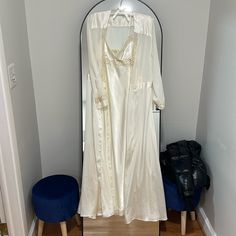 Slip Dress- Size Medium Robe- Size Small Both Could Fit Size Small-Medium New Without Tag - Never Worn Fitted White V-neck Robe, Fitted Cream Robe For Wedding, Fitted Cream Wedding Robe, Fitted Cream Nightgown For Wedding, White Feminine Fitted Robe, Elegant White Party Nightgown, White Sheer Satin Dresses, Fitted Sheer White Robe, Sheer Satin Dress For Daywear