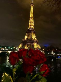 the eiffel tower lit up at night with red roses in front of it