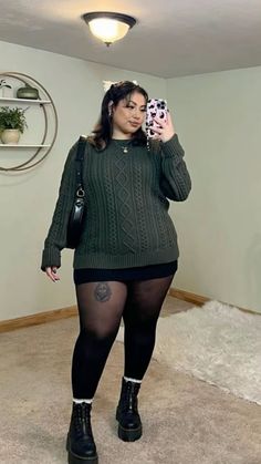 #fall #comfort #comfystyle #plussizeoutfits Long Socks With Boots Outfit, Black Platform Docs Outfit, Skirt And Nylons Outfit, Mini Skirt Mid Size Outfit, Black And White Plus Size Outfits, Alt Girl Winter Outfits, Black Skirt Outfit Plus Size, Green Skirt Outfit Fall, Midsize Mini Skirt Outfit