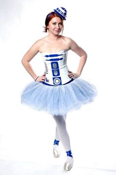 a woman in a blue and white costume