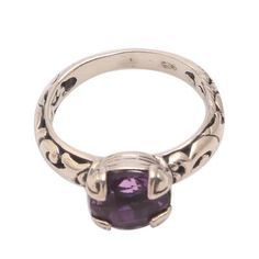 Circling the finger with fascinating swirl patterns in sterling silver this Balinese ring is designed by Made Sudiari. She works with local artisans to give this ring a combination of finishes that accentuates its design. A sparkling two-carat single stone of amethyst is featured in a prong setting. Single Stone Ring, Amethyst Color, Single Stone, Ring Crafts, Moonstone Jewelry, Women Artisans, Moonstone Ring, Jewelry Packaging, Jewelry Gift Box