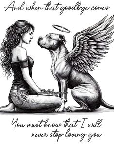 a drawing of a woman sitting next to a dog with an angel on it's back