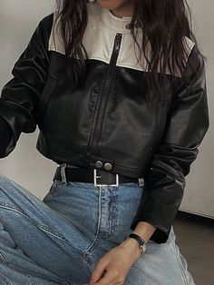 Women's Colorblock Cropped Splicing Casual Spring Autumn Jacket Black Casual  Long Sleeve PU Leather Colorblock,Plain Other Non-Stretch  Women Clothing, size features are:Bust: ,Length: ,Sleeve Length: Cropped Jackets, Shearling Vest, Cropped Leather Jacket, Casual Spring, Fall Jackets, Crop Jacket, Outerwear Women, Fashion Online Shop, Online Fashion