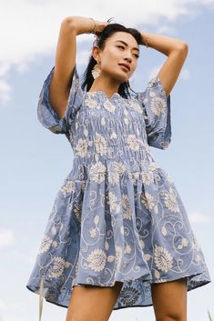 Priya Embroidered Mini Dress in Blue | böhme Recreate Outfits, Teaching Outfits, Embroidered Mini Dress, Drop Waist Dress, Church Dresses, Dress Inspo, Dropwaist Dress, Dance Costume, Short Skirt