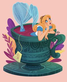 the little mermaid is sitting in a big pot