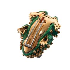 18k gold frog brooch by David Webb, with diamond eyes and green enamel. DESIGNER: David Webb MATERIAL: 18k Gold GEMSTONES: Diamond DIMENSIONS: Brooch is 45mm x 32mm. MARKED/TESTED: 18k, Webb. WEIGHT: 47.2 grams. CONDITION: Previously Owned, Excellent Condition. Luxury Enamel Pin For Formal Occasions, Formal Green Enamel Brooches, Frog Brooch, David Webb, Diamond Eyes, Green Enamel, Stunning Jewellery, Brooch Pin, Gold Diamond