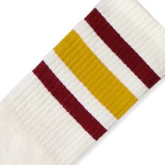 The vintage vibes continue on these classic striped socks on natural cotton with cardinal red and brass stripes. Knit from natural cotton, the look is more vintage than the regular optic white and the cardinal red and brass stripes really set them off. Share how you style the Cardinal Red and Brass Striped Natural Socks @socco78 Tech Specs Full foot and leg cushioning Moisture wicking and breathable body Built-in functional heel Seamless toe Fit - Approx. 7” above ankle Contents - 70% Cotton, 25 Striped Socks, Vintage Vibes, The Vintage, Natural Cotton, Moisture Wicking, Stripes, Socks, Brass, Knitting