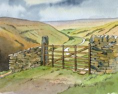 a watercolor painting of a stone wall and gate on a hill with hills in the background