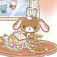 a brown bunny is standing in front of a table full of cookies and pastries