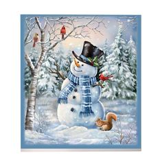 a painting of a snowman and a squirrel