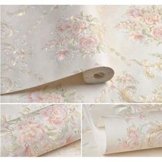 four different views of wallpaper with flowers and leaves on the side, along with two rolls of tape