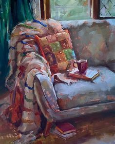 a painting of a couch with a book and cup on it next to a window