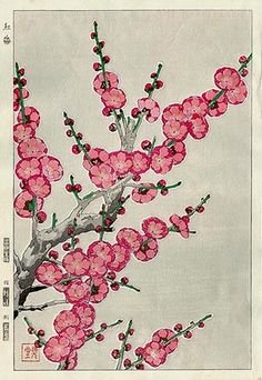 a painting of pink flowers on a tree branch with chinese writing in the bottom right corner