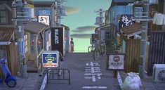 an animated city street scene with signs and scooters