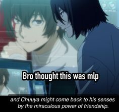 two people looking at a computer screen with the caption broo thought this was mep and chuya might come back to his sense by the macular power of friendship