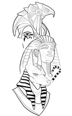 a drawing of an egyptian man with his head in the shape of a mask on top of