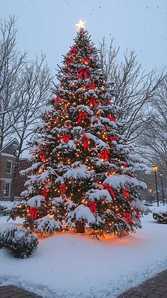 Twinkling lights and red ribbons transform this snow-covered tree into a winter wonderland! 🎄✨ Feel the festive warmth with every glowing light and snowy branch. Perfect for capturing the Christmas spirit! 🎅❄️  #christmas #festive #winter #wonderland #snow #holidays #decor #tree #lights #warmth #cozy #beautiful #season #joy #happyholidays Snowy Christmas Aesthetic, Snowy Aesthetic Christmas, Snow Aesthetic Christmas, Christmas Season Aesthetic, Christmas Aesthetic Snow, Christmas Astethic, Winter Lodge, Christmas Dreaming, Xmas Wallpaper