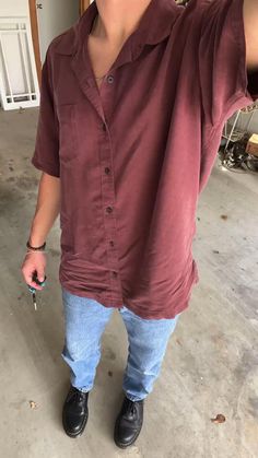 Red Polo Shirt Outfit Men Aesthetic, Wine Red Shirt Outfit Men, Thrifted Button Up Shirt, Men’s Teacher Wardrobe, Indie Concert Outfit Men, Men Bar Outfit, Guys Concert Outfit, Male Concert Outfit, Red Polo Shirt Outfit Men