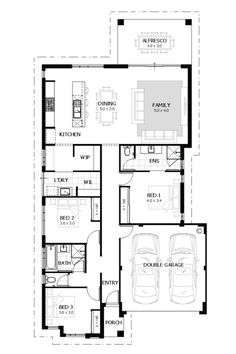 the floor plan for a three bedroom house with two car spaces and an attached garage