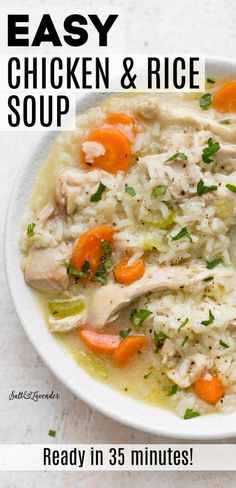 a white bowl filled with chicken and rice soup