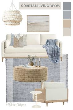 Coastal living room decor mood board with blue, cream and tan tones! Cozy coastal living room decor ideas, Beach house living room inspiration Pale Blue And Beige Living Room, Coastal Chic Mood Board, Beach Theme Living Room Coastal Style, Blue Coastal Living Room, Blue Boho Living Room, Room Decor Mood Board, California Coastal Interior Design, Blue And Cream Living Room, Cozy Coastal Living Room