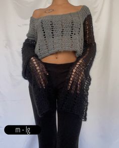 1of1 charcoal grey and black crocheted off the shoulder cropped super long sleeve sweater fits medium & large - measuring a 38" bust with an additional 3" stretch for cleaning, hand wash with lukewarm to cold water and lay flat to dry. all sales are final. fiber: 40% royal alpaca 40% mohair 20% silk Grey Crochet Sweater, Off The Shoulder Crochet Sweater, Sweater Fits, Black Crochet, Crochet Sweater, Shoulder Sweater, Sleeve Sweater, Charcoal Grey, Lay Flat