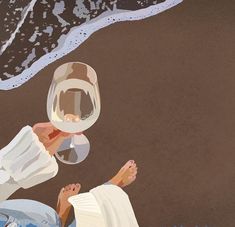 a painting of a person laying on the beach with a wine glass in their hand