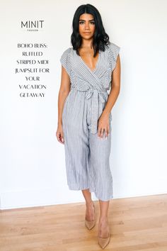 Experience boho bliss on your vacation getaway with our See Ya There Ruffled Striped Midi Jumpsuit! Crafted for wanderlust souls, this jumpsuit features charming ruffled details and a chic striped pattern, perfect for exploring vibrant markets or lounging under palm trees. Elevate your vacation wardrobe with this effortlessly stylish ensemble. #VacationGetaway #BohoJumpsuit #StripedMidi #WanderlustFashion Wanderlust Fashion, Midi Jumpsuit, Boho Jumpsuit, See Ya