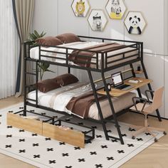 a bunk bed sitting on top of a wooden floor