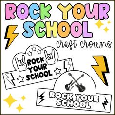 an advertisement for rock your school with the words rock your school and lightnings on it