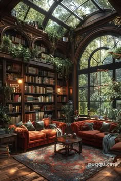 a living room filled with lots of furniture and bookshelves covered in plants on top of windows