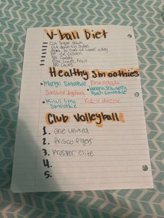 a piece of paper with some writing on it that says v - haul diet healthy smoothies club volleyball