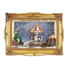 a painting of a carousel in the snow with dogs and christmas trees on it's sides