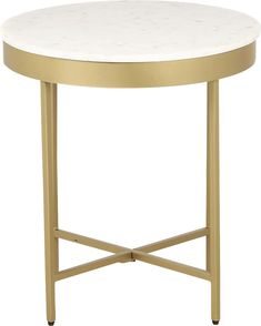 a white marble top table with gold metal legs and a round base, on a white background