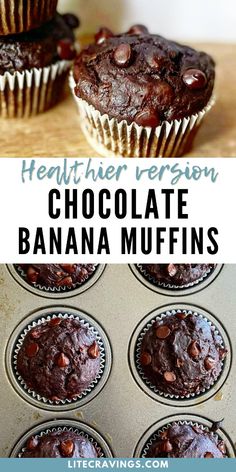 chocolate banana muffins with text overlay