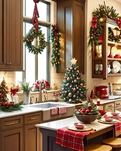 a kitchen decorated for christmas with wreaths on the windowsill