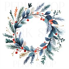 a watercolor wreath with berries and leaves