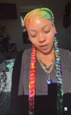 Braids With Multiple Colors, Bold Hairstyles For Women, Cute Color Braids, Two Braids With Color, Teal And Blonde Braids, Hot Pink And Black Braids, Rainbow Cornrows, Colorful Braided Hairstyles