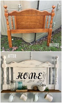 the before and after pictures of an old headboard