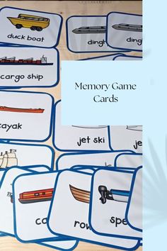 the memory game cards have pictures of boats, ships and other things to read on them