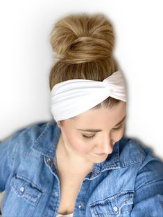 Finally- a solid white turban headband that will match every outfit. The fans have asked for it- and now it is here.   This white headband is also perfect for Brides to wear to their Bachelorette Parties, or other fun wedding events.   This white fabric is so soft and buttery. Our knotted turban headbands are made with the softest, double brushed knit fabric - just like your favorite leggings.  Size: One Size Fits Most (Child through Adult): Approximately 18.5" un-stretched. Please note that these are made to fit the head snugly, but are comfortable enough for all day wear.  All items are handmade by me, and are ready to ship within 1-2 days! All items are packaged and shipped with love and care. All headbands are made in a smoke free/pet free home. In an effort to reduce waste and keep co White Turban, Twisted Turban Headband, Women Headband, Headband White, Headband Women, Headband For Women, Turban Headband, Polyester Spandex Fabric, Fabric Headbands