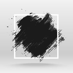 black paint splattered in a white square frame on a gray background with a shadow